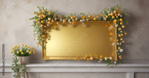 Golden Easter banner with spring flowers and eggs hung on a wall, flowers, spring
