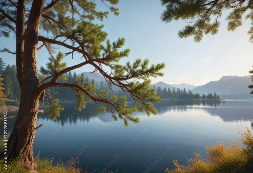 Obraz premium Pine tree branches swaying gently in the wind above the lake , lake, leaf movement