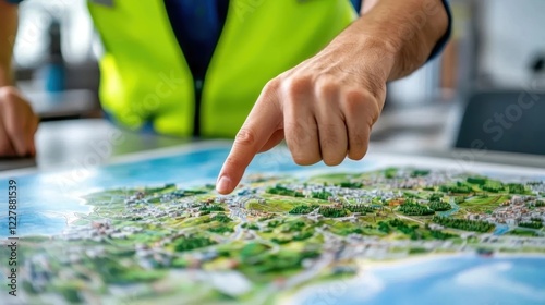 A person in a reflective vest points at a detailed map, illustrating a location with greenery and water features.