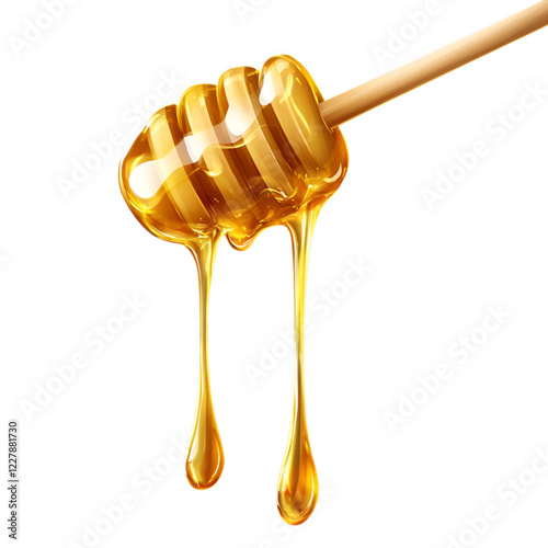 Golden honey drizzle flowing from a wooden dipper on transparent background