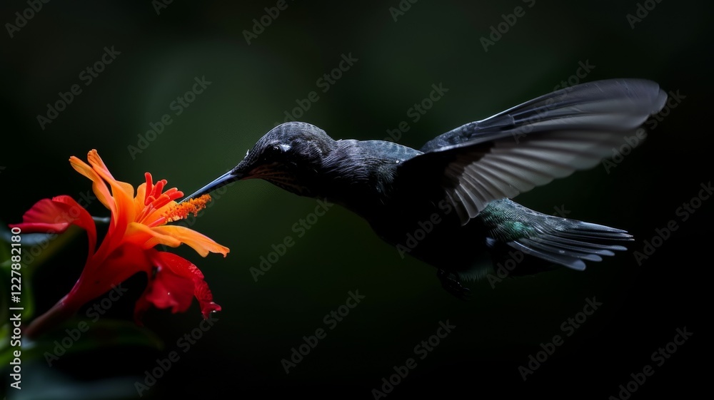 Obraz premium Hummingbird in Motion: A tiny hummingbird sipping nectar from a bright red flower.