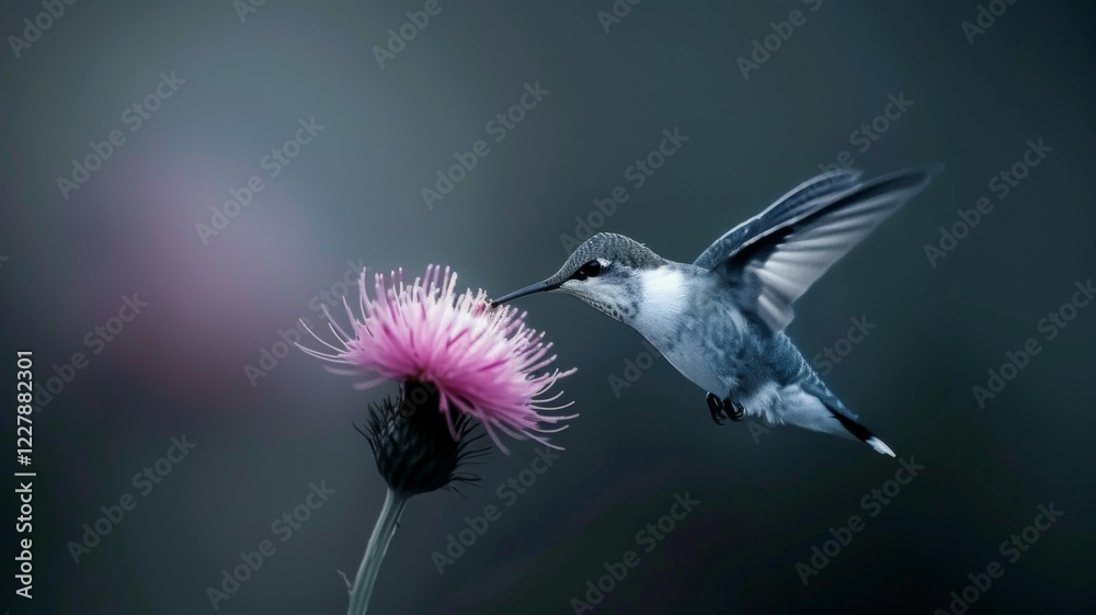 Hummingbird in Motion: A tiny hummingbird sipping nectar from a bright red flower. Hummingbird in Motion: A tiny hummingbird sipping nectar from a bright red flower.