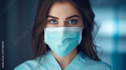 Close-Up of Brunette Woman Wearing KN95 FPP2 Mask for Flu Care on Blue Background photo