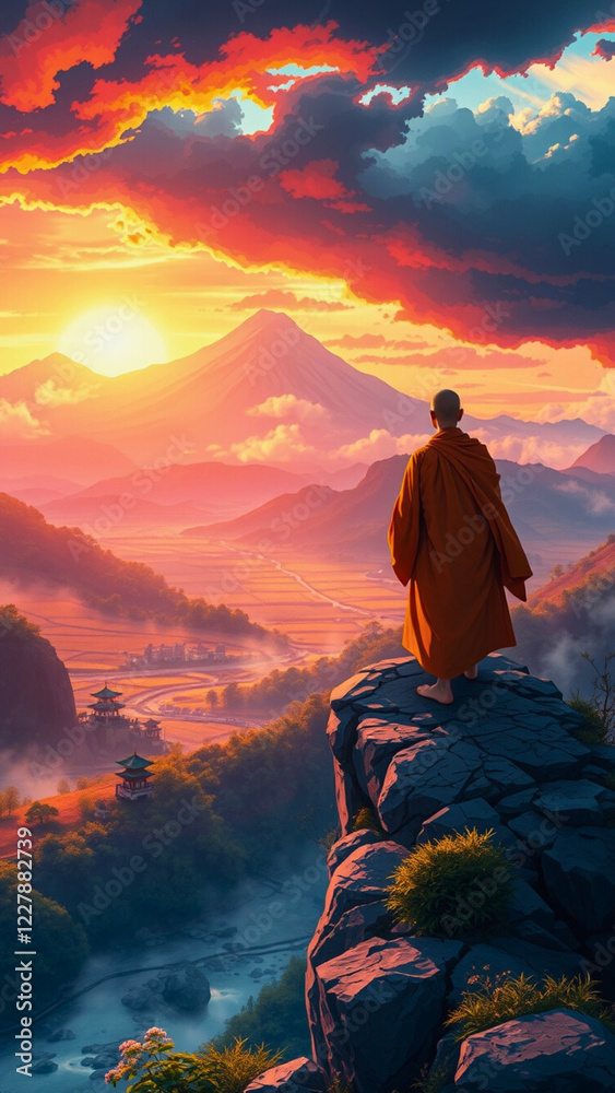 a meditative monk dressed in flowing orange robes, sitting peacefully on a rocky cliff overlooking a majestic valley during sunset a meditative monk dressed in flowing orange robes, sitting peacefully on a rocky cliff overlooking a majestic valley during sunset