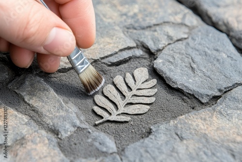 A close-up of an archaeologist's hand carefully cleaning an ancient leaf fossil embedded in stone using a delicate brush.