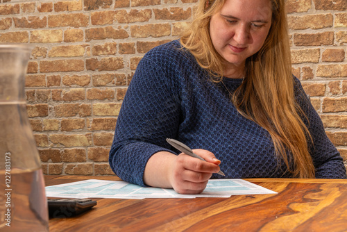 Woman completing the 1040 US income tax form with details on financial status and deductions
