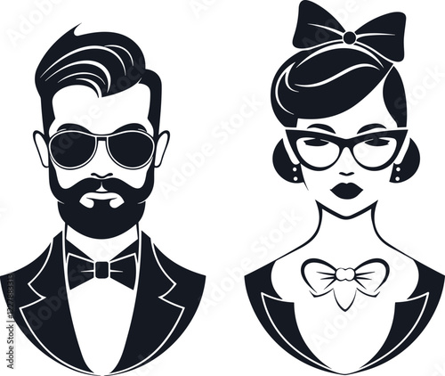 set of funny cartoon people, Black and White Silhouette of a stylish man and Woman in Vintage Attire
