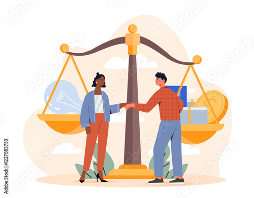 Two people shaking hands near scales with symbolic items, set on a light abstract background. Concept of balance, fairness, and business decisions. Vector illustration