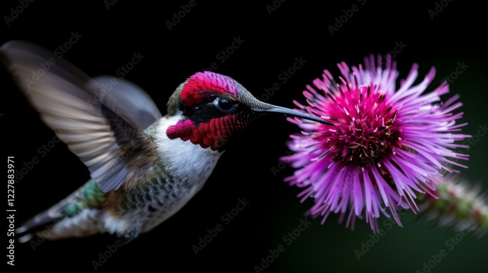 Fototapeta premium Hummingbird in Motion: A tiny hummingbird sipping nectar from a bright red flower.