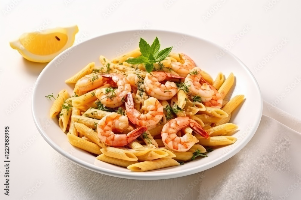 Lemon pasta with sauteed shrimps fresh seafood top view copy space