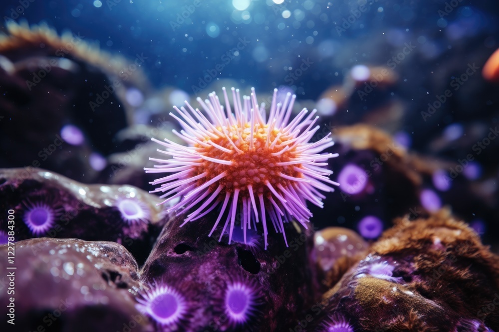 Fototapeta premium Colorful Paracentrotus Lividus Sea Urchin in Mediterranean Underwater Scene - Marine Life and Seafood Closeup
