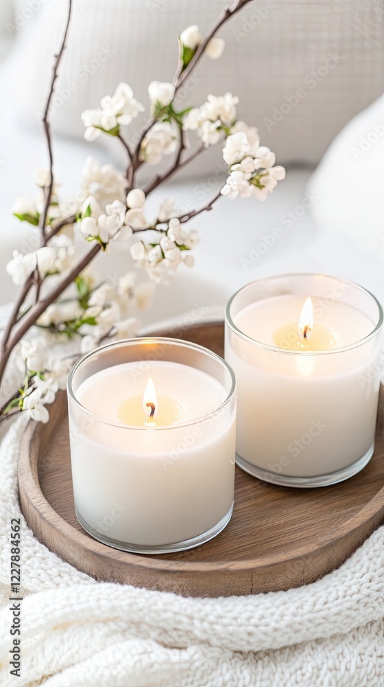 Enjoy a cozy ambiance with an aromatherapy diffuser, candles, and flowers arranged on a wooden tray and a soft blanket nearby Enjoy a cozy ambiance with an aromatherapy diffuser, candles, and flowers arranged on a wooden tray and a soft blanket nearby
