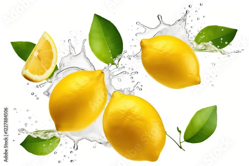 Lemon slices with leaves isolated on white Flying lemon fruits