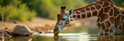 Giraffe drinking from waterhole , watercolor, savannah