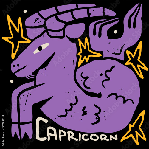 Capricorn astrological zodiac sign. Cartoon unique modern style. Horoscope, zodiac Constellation. Hand drawn trendy Vector illustration. Magic, witchcraft, astrology concept. Isolated design element