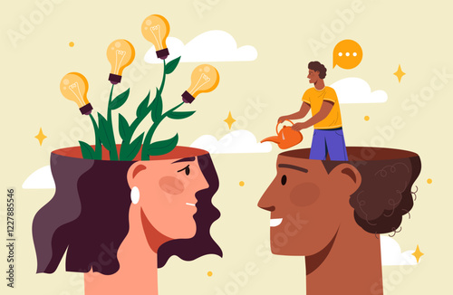 Two open heads with a plant growing light bulbs in one, and a person watering the plant in the other. Creative and collaborative idea growth concept. Vector illustration
