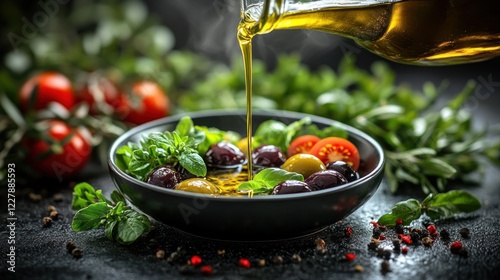 Olive oil pouring, Mediterranean salad, dark background, cooking