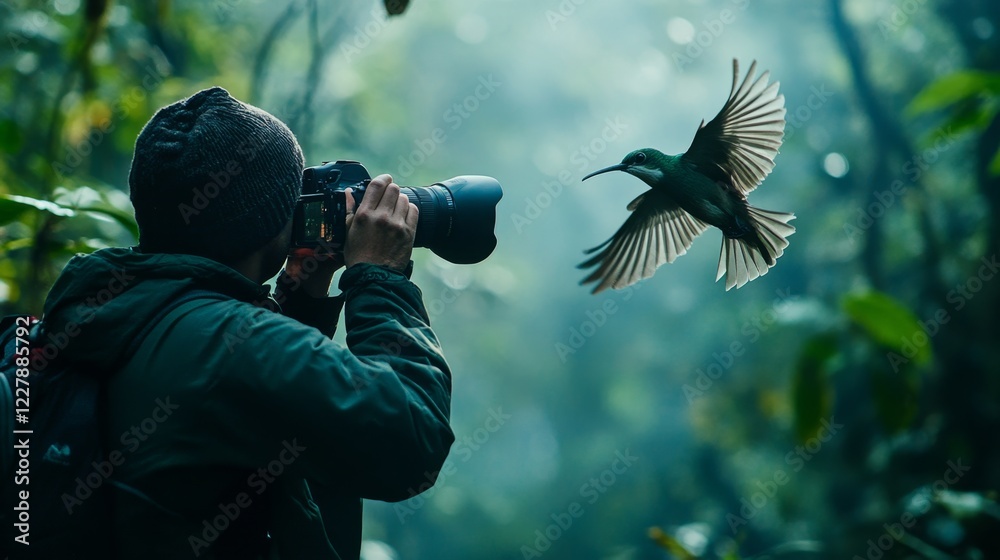 Fototapeta premium Wildlife Photographer Captures Rare Bird in Lush Green Environment