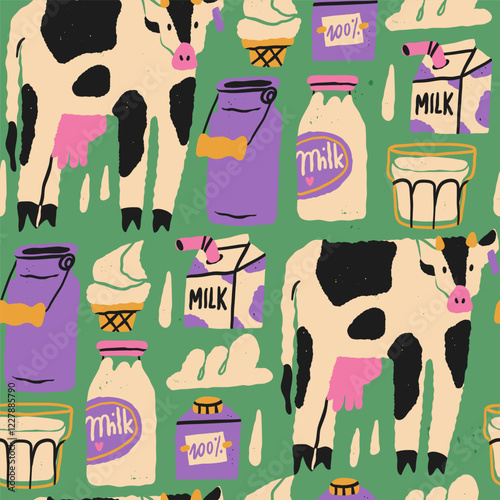 Various dairy products. Cow, milk can, carton box, glass, bottle, ice cream, heavy whipping cream. Hand drawn Vector illustration. Healthy food, farm market concept. Square seamless Pattern, wallpaper
