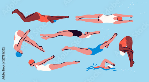 Professional Swimmers, jumpers into pool. Cartoon characters set. Various positions, swim styles. Water sports, activities, training concept. Hand drawn Vector illustration. Isolated design elements photo