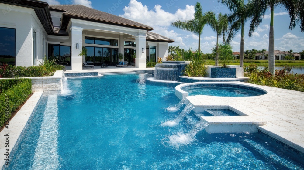 Luxurious Backyard Pool And Spa With Water Features