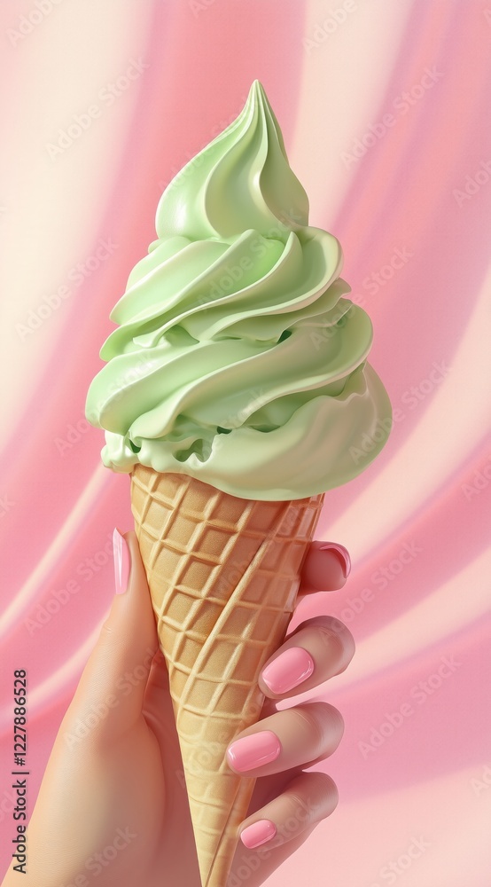 Hand holding a pastel green soft-serve ice cream in a waffle cone, perfect for food advertising, dessert promotions, summer themes, and sweet treats branding. Hand holding a pastel green soft-serve ice cream in a waffle cone, perfect for food advertising, dessert promotions, summer themes, and sweet treats branding.