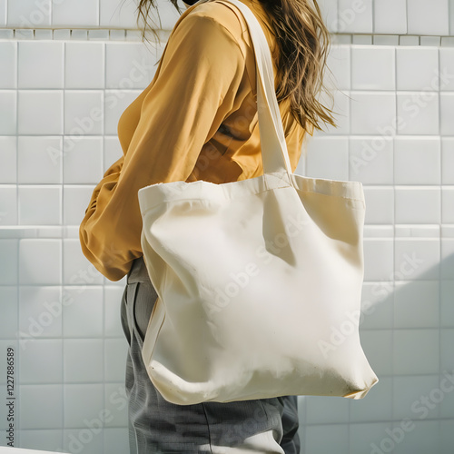 A woman is holding a white tote bag and wearing a yellow shirt. Concept of casualness and simplicity, as the woman is dressed in a simple outfit and carrying a plain white bag