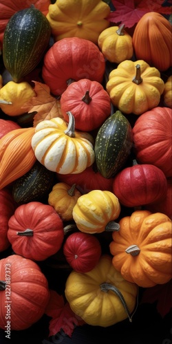 Decorative Mini Pumpkins and Autumn Leaves for Thanksgiving: A Colourful and Delicious Fall Decoration photo