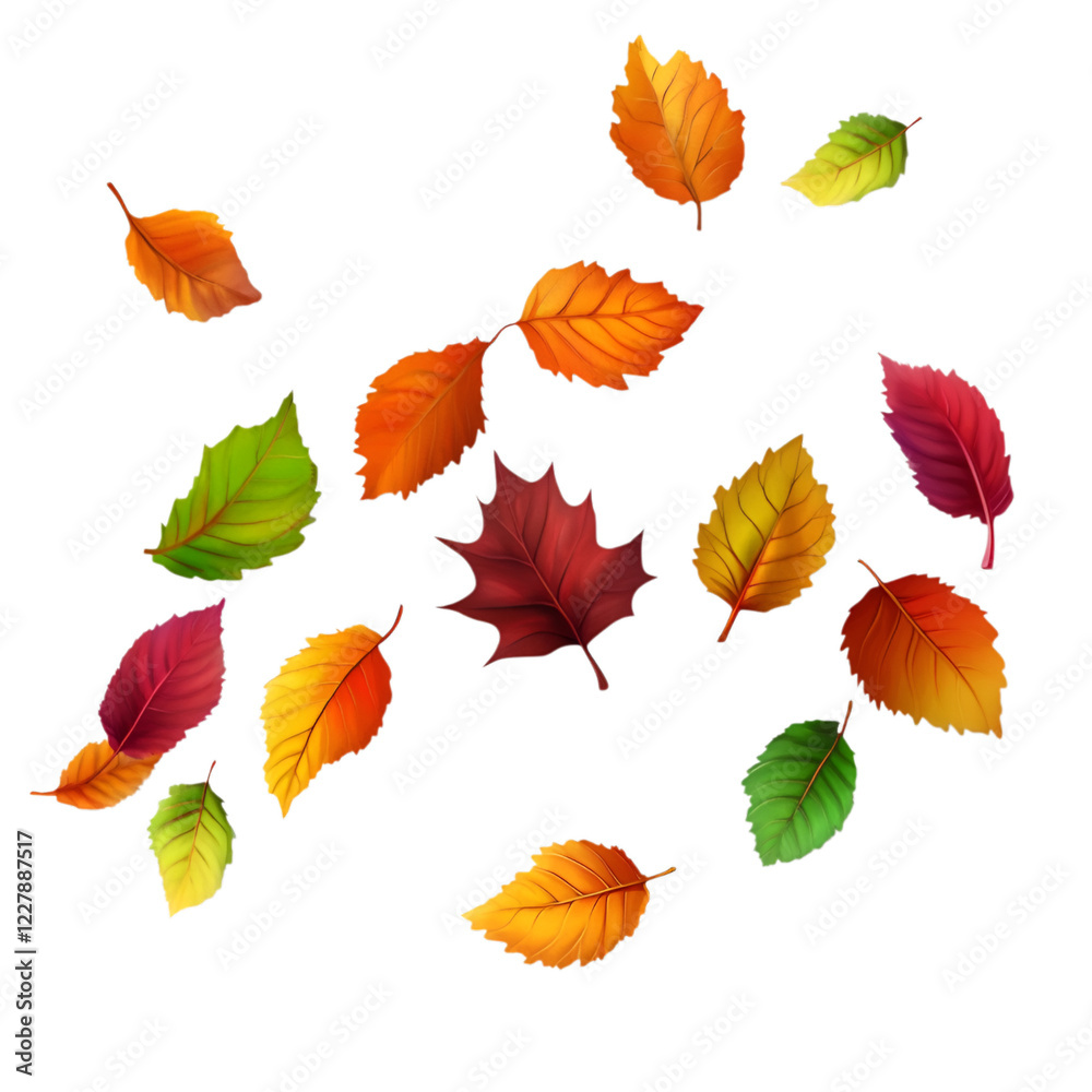 Fototapeta premium Scattered autumn leaves in vibrant colors on transparent background