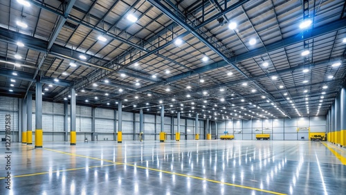 Empty Modern Distribution Center at Night - LED Lighting, High Bays, Industrial Logistics