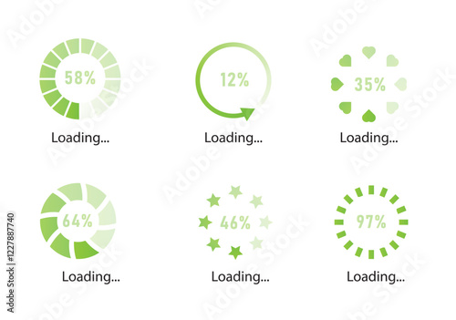 Set of green loading indicators in circular, heart, and star designs with percentage numbers on white background. Vector illustration for progress concepts
