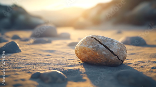 Stone with a crack symbolizing strength on a sandy beach at sunset
