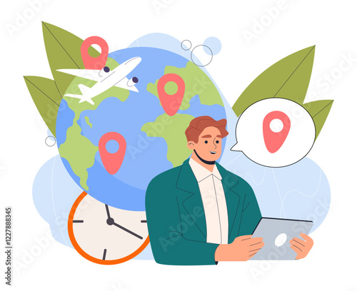 Illustration of a man using a tablet with a globe, airplane, clock, and location pins behind. Bright colors, white background. Concept of travel planning. Vector illustration