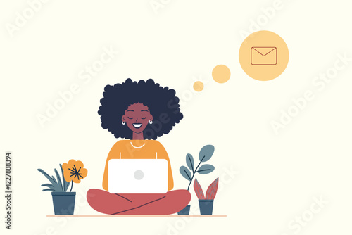 A smiling African American woman sitting cross-legged with a laptop, surrounded by houseplants. A thought bubble with an envelope icon represents online communication