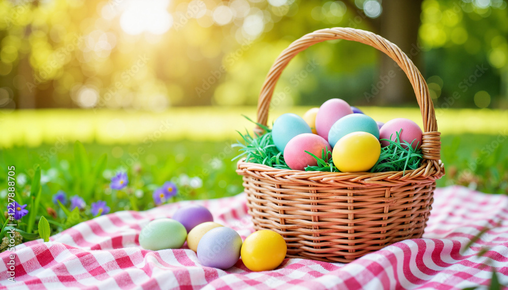 Colorful Easter basket with eggs on picnic blanket, festive celebration Colorful Easter basket with eggs on picnic blanket, festive celebration