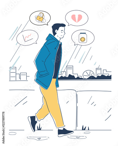 A man in a blue coat walking in the rain, thinking about finances, love, and security urban background. Concept of stress and mental burden. Flat cartoon vector illustration