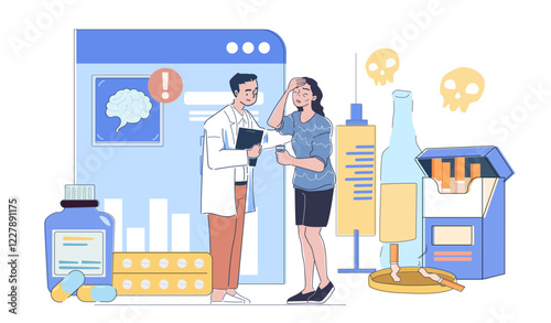 Doctor consulting a worried patient about substance addiction, surrounded by harmful items like cigarettes, alcohol, and pills. Flat style, white background. Health concept. Flat vector illustration