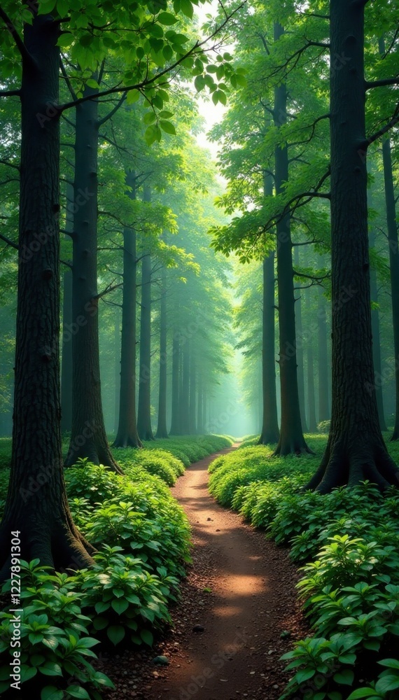 Obraz premium Forest with tall trees and winding path, wilderness, trees