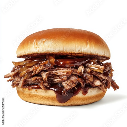 A hearty pulled beef brisket sandwich with caramelized onions and BBQ sauce, isolated white background, hyperrealism art style