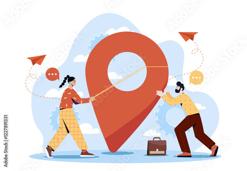 Two people cooperate to adjust a large location pin, symbolizing teamwork and navigation. Flat style on a white background with blue accents. Concept of collaboration. Vector illustration