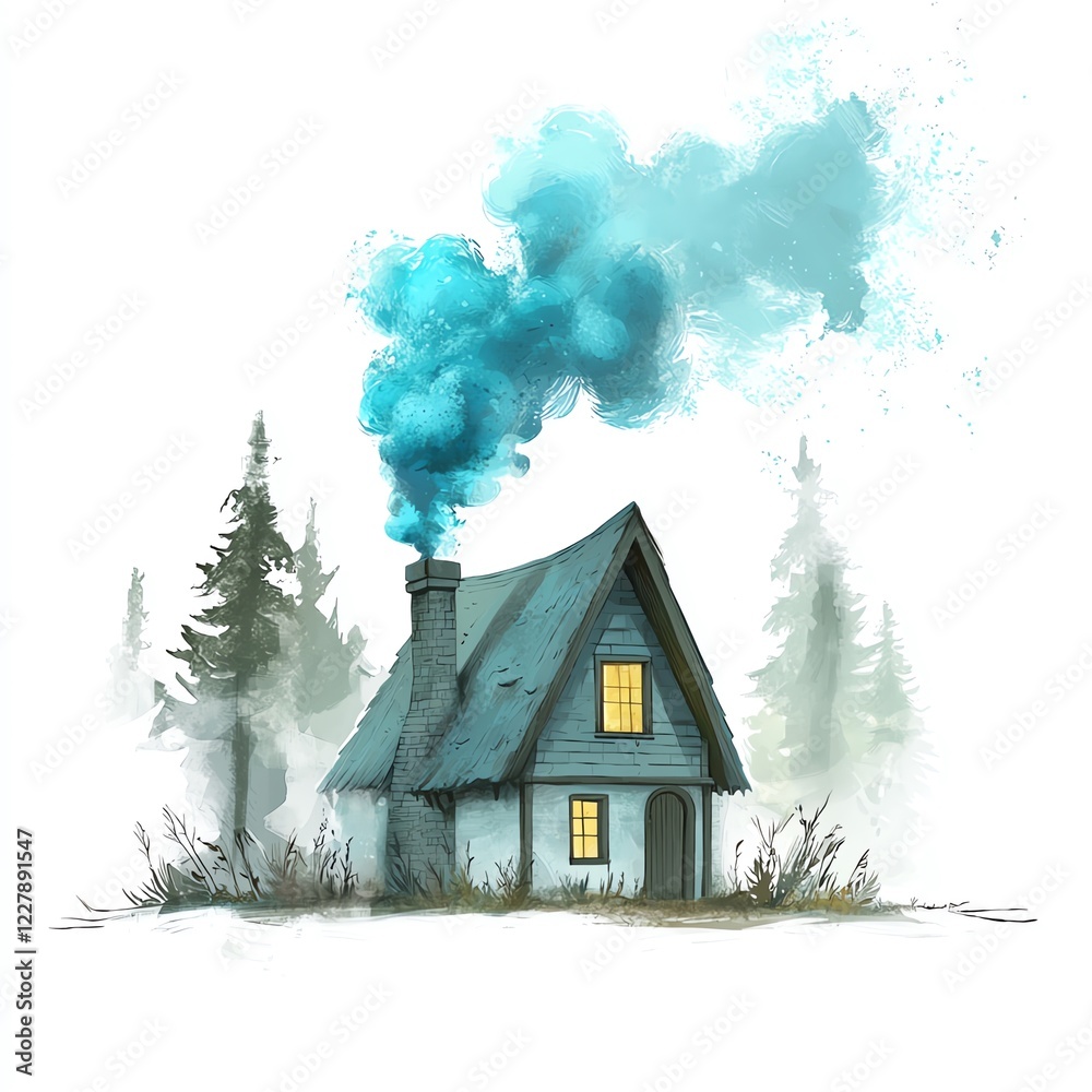custom made wallpaper toronto digitalA charming cottage with smoke billowing from the chimney, surrounded by evergreen trees in a serene setting, evoking a sense of warmth and cozy living.