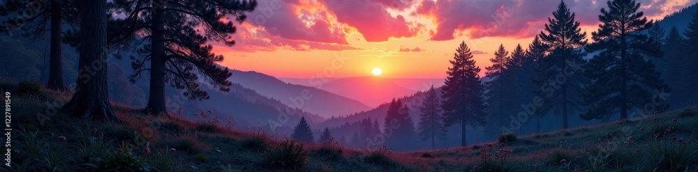 Fototapeta premium Forest landscape twilight, misty, twilight