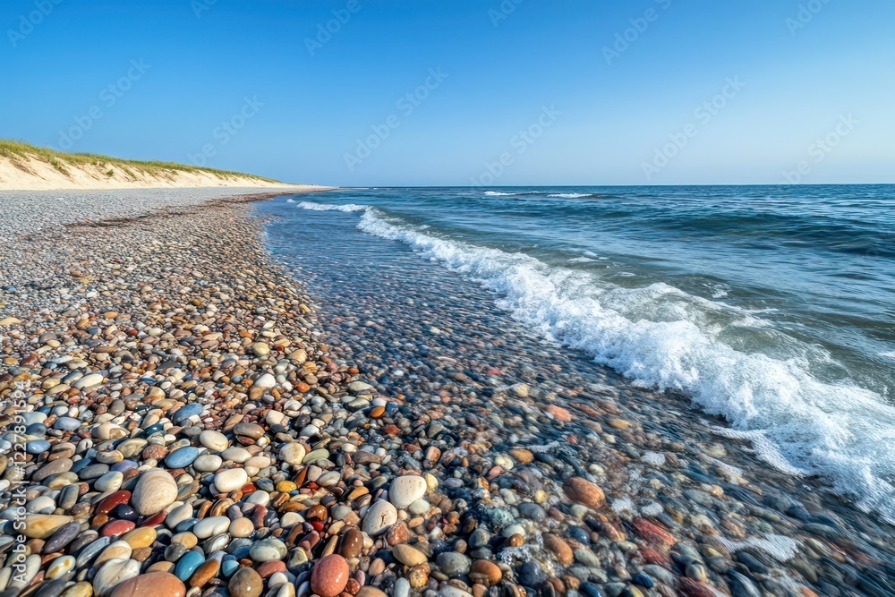 A rocky beach with colorful pebbles, gentle waves lapping against the shore under a clear blue sky A rocky beach with colorful pebbles, gentle waves lapping against the shore under a clear blue sky