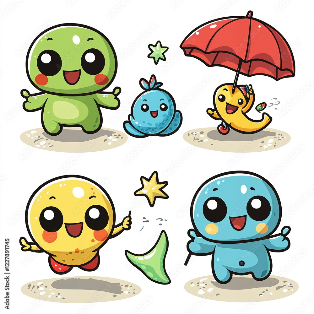 Cute cartoon characters playing on sandy beach, green and blue creatures with umbrella and star, cheerful vibe, vividly colored art style, whimsical and playful scene. Cute cartoon characters playing on sandy beach, green and blue creatures with umbrella and star, cheerful vibe, vividly colored art style, whimsical and playful scene.