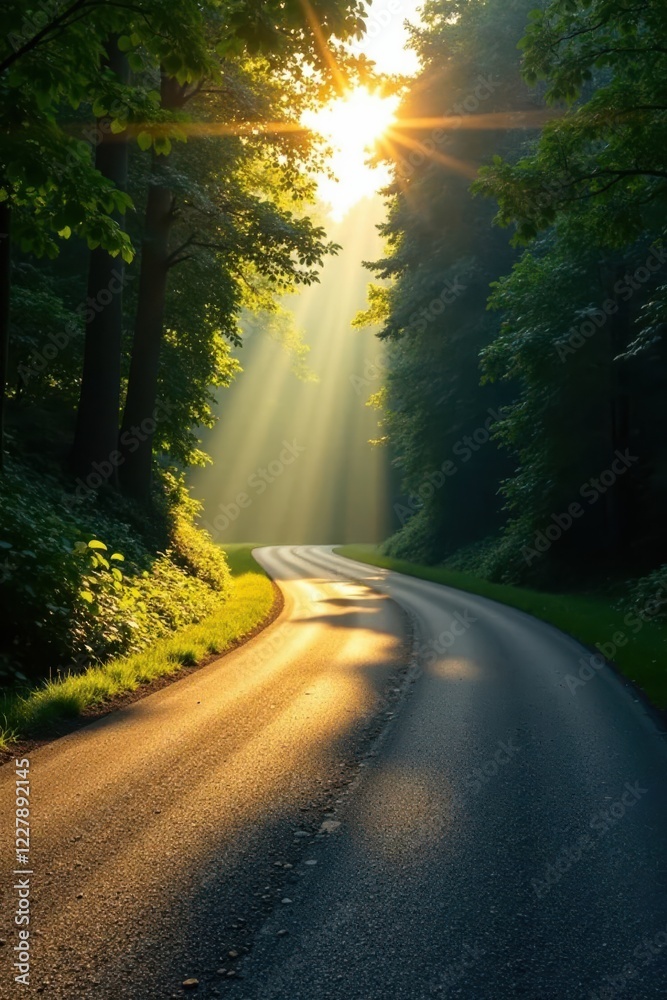 Fototapeta premium Golden Sunlight Illuminates a Winding Road Through a Lush Green Forest Canopy at Dawn