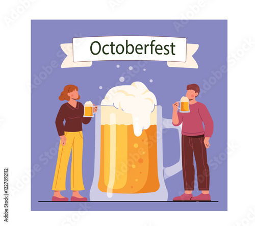 Two people enjoying beer near a large mug with froth, a banner reading Oktoberfest above, on a purple background. Festive celebration concept. Vector illustration