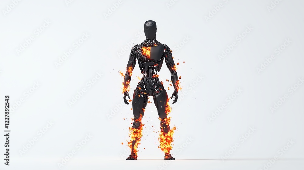 A futuristic mannequin with a sleek design, surrounded by abstract flames, showcased against a white isolated background for a striking visual impact. A futuristic mannequin with a sleek design, surrounded by abstract flames, showcased against a white isolated background for a striking visual impact.