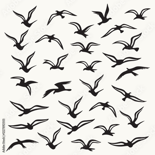 Seamless pattern with black vector silhouettes of leaves, plants, birds, and fish
