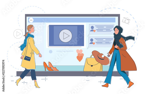 Two women walking past a large screen displaying online shopping content with products like shoes and bags, set against a white background. Modern flat vector illustration