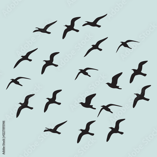 Black silhouette vector illustration of a flock of seagulls flying freely across the sky